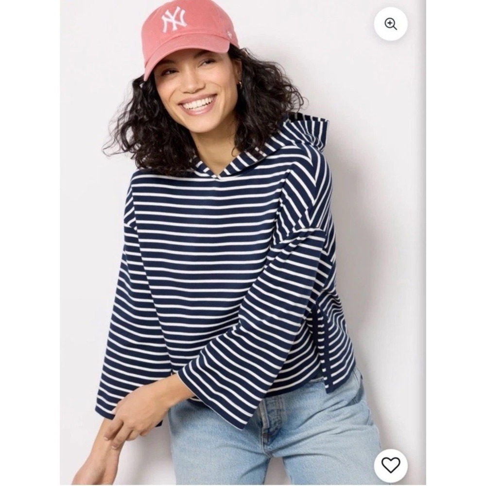 NWT Evereve Mia Striped Hooded Pullover Top Women's Size L Navy White